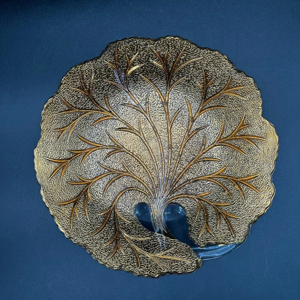 Vtg Amber Gold Indiana‎ Glass Leaf Tree of Life Divided Relish Dish Textured 10
